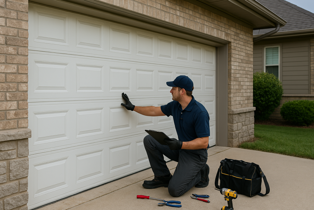 Professional garage door technician inspecting a residential door in Fort Worth, Texas during routine maintenance`